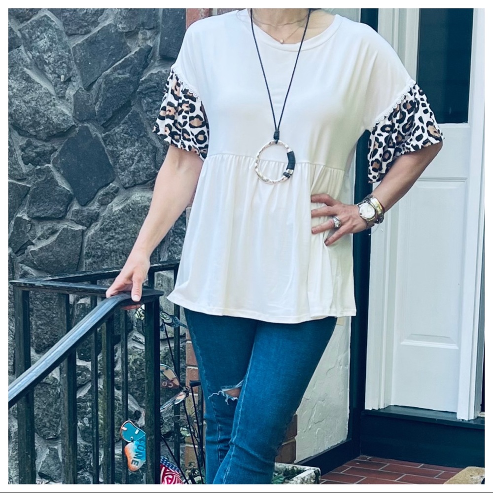#26 Boho Leopard Trim sleeves tunic soft Flowy baby doll top - Picture 5 of 10